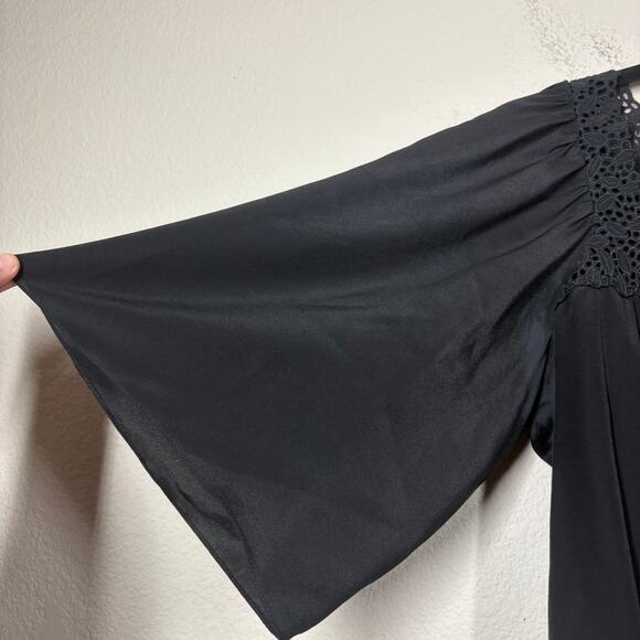 Rebecca Taylor Size 2 Lace Trim Silk Top Blouse Black Square Neck Short Sleeves - Picture 6 of 8